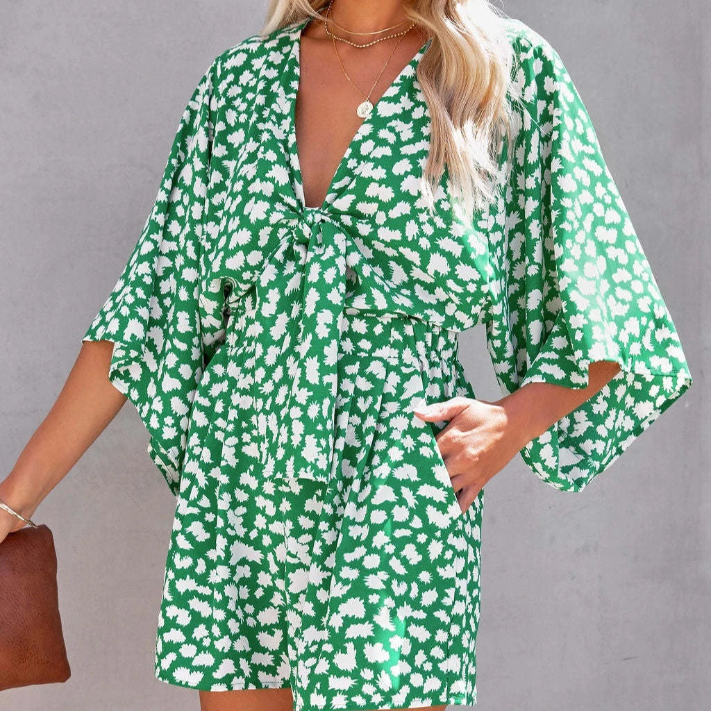 Summer Print Jumpsuit Women Rompers Sexy V Neck Short Sleeves High Waisted Wide Leg Shorts Trousers Casual Loose Jumpsuit Y2k
