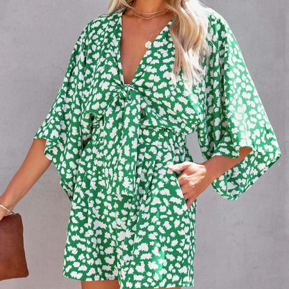 Summer Print Jumpsuit Women Rompers Sexy V Neck Short Sleeves High Waisted Wide Leg Shorts Trousers Casual Loose Jumpsuit Y2k