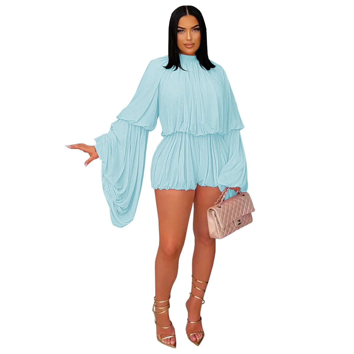 Jumpsuits Women One Piece Mock Neck Full Sleeve Short Pants Pleated Loose Elastic Waist Y2k Streetwear Jumpsuit Solid Work 2026