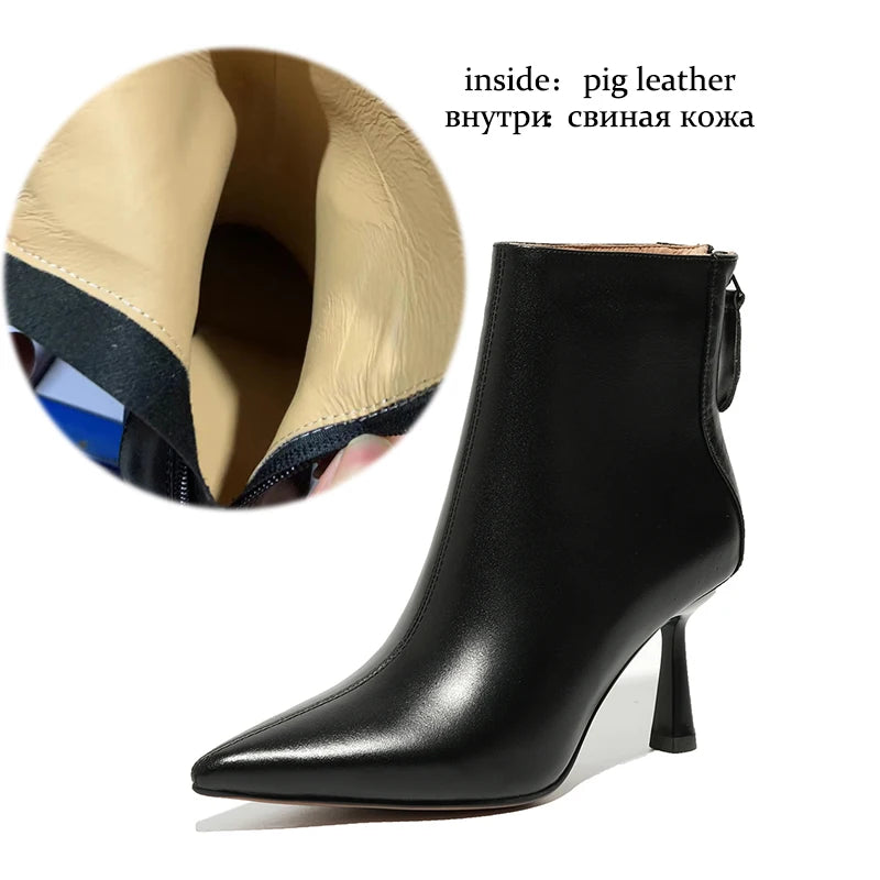 Krazing Pot Big Size 42 Cow Leather Pointed Toe High Heels Chic Design Concise Winter Spring Shoe Dress Warm Wedding Ankle Boots