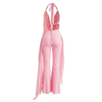 Summer Sexy Backless Halter Chiffon Jumpsuits Women Club Party Rompers Bodycon Fashion Sleeveless V Neck Overalls Beach Vacation