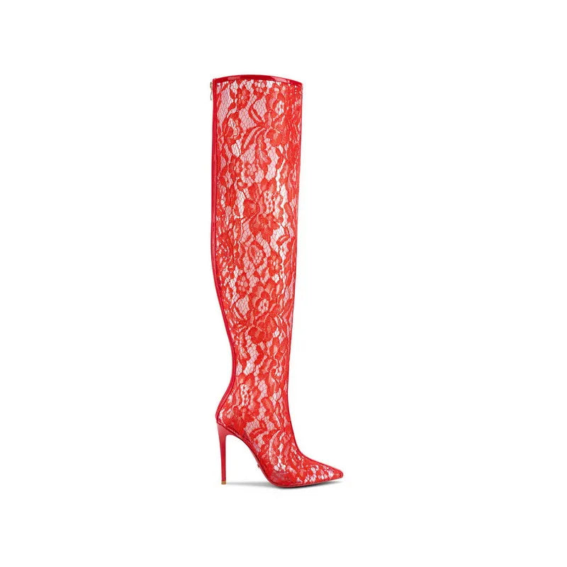 Spring Women Lace With PVC Thigh High Boots Sexy Pointed Toe Stiletto High Heels Transparent Over The Knee Boots Bigger Size 44