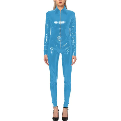 Plus Size Faux Latex Catsuit Elastic PVC Leather Zipper Long Sleeve Jumpsuit Tight Sexy Cosplay Rompers Ankle-length Club Zentai