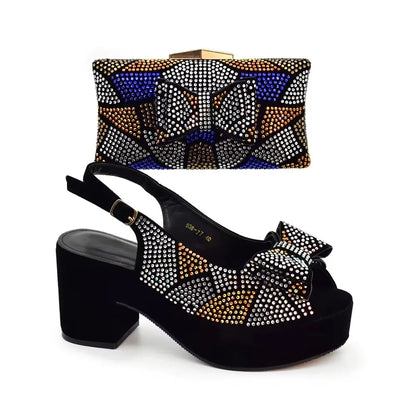 Nigeria Ladies Shoe and Bag Set Decorated with Rhinestone Block Heel Comfortable Platform Pumps Luxury Designer Shoes Women