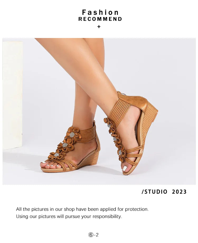 High quality leather flat sandals for women 5cm mid heel flower summer 2026 36 42 open toe casual beach shoe blue pink brown