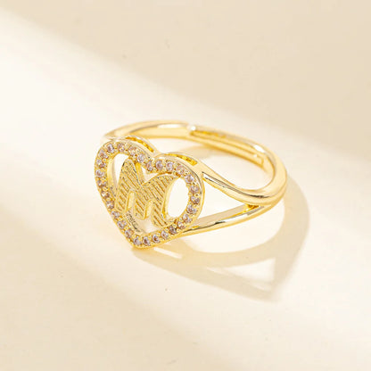 White Zircon 26 Letters A-Z Love Heart Open Adjustable Rings For Women Gold Silver Color Wedding Band Jewelry Mother's Day Gifts