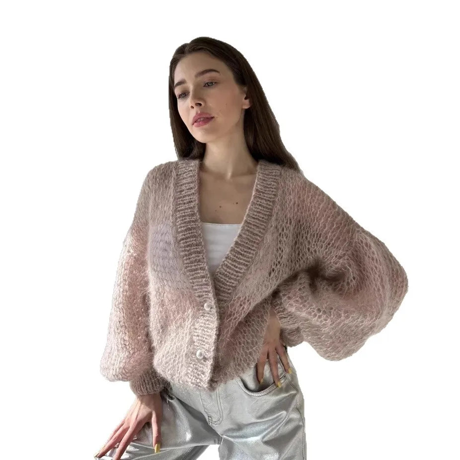 Women Knitting Cardigan 2026 New Women Mohair Knit Cardigan Hollow Out Sheer Long Sleeve Casual Knitted Outerwear Sweater