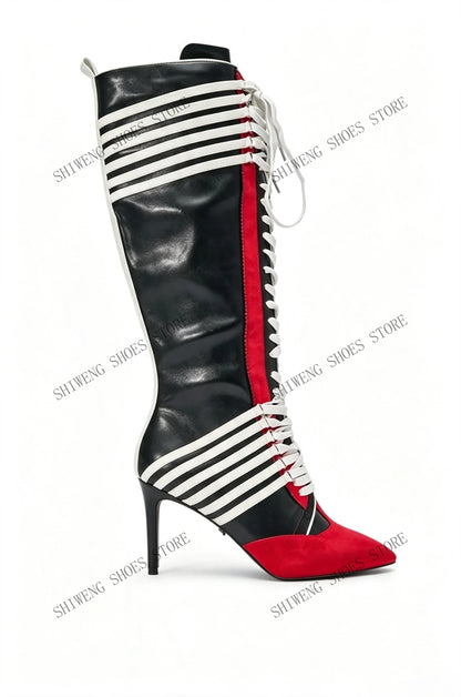 2026 New Black Red Color Block Striped Knee High Boots Women Full Lace Up Thin Stiletto High Heel Fashion Streetwear Long Boots