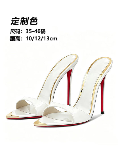 Customized metal pointed high-heeled cool slippers for summer,with a slim heel and elegant styleworn externally with a half drag