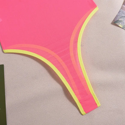 Sexy Lingerie for Woman Neon Pink Sheer Mesh Bodysuit Slimming Body Spaghetti Strap One Piece Lingerie Teddy Sleeveless Jumpsuit