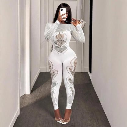 2026 Spring Autumn Woman Jumpsuits Playsuits Sexy Clothing Clubwear Long Sleeve Hollow Out Mesh See Through Fitness Jumpsuit