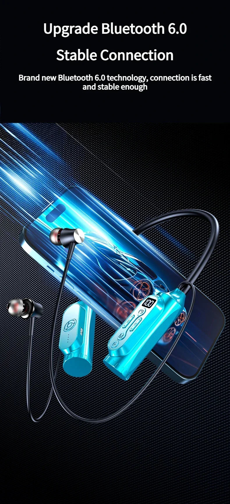 Earphones 12000mAh In-ear/Semi-in-ear Bluetooth Headset Magnetic Switch Pause Play Neck Hanging Dual Device Connection Earbuds