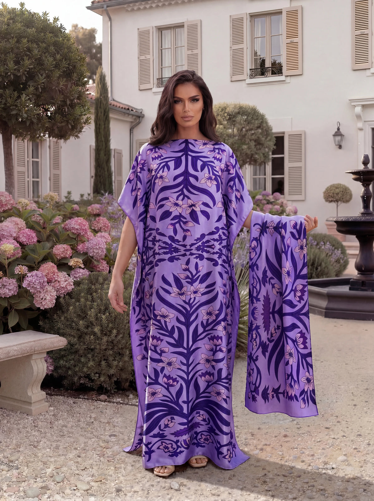 Boho Tropical Floral Leaf Print Satin Abaya Scarf Set, Loose Batwing Maxi Kaftan for Muslim Women Summer Beach Holiday Wear