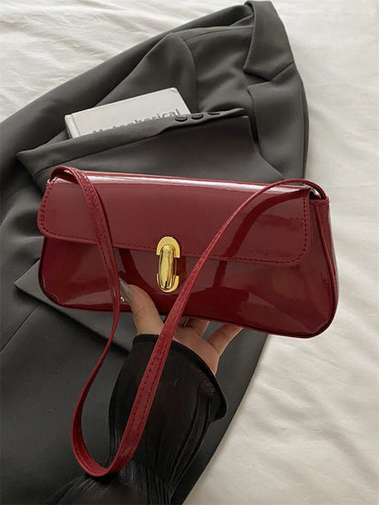 Fashion ladies shiny crossbody bag stylish elegant shoulder bag wine red small underarm bag versatile solid color clutch bag