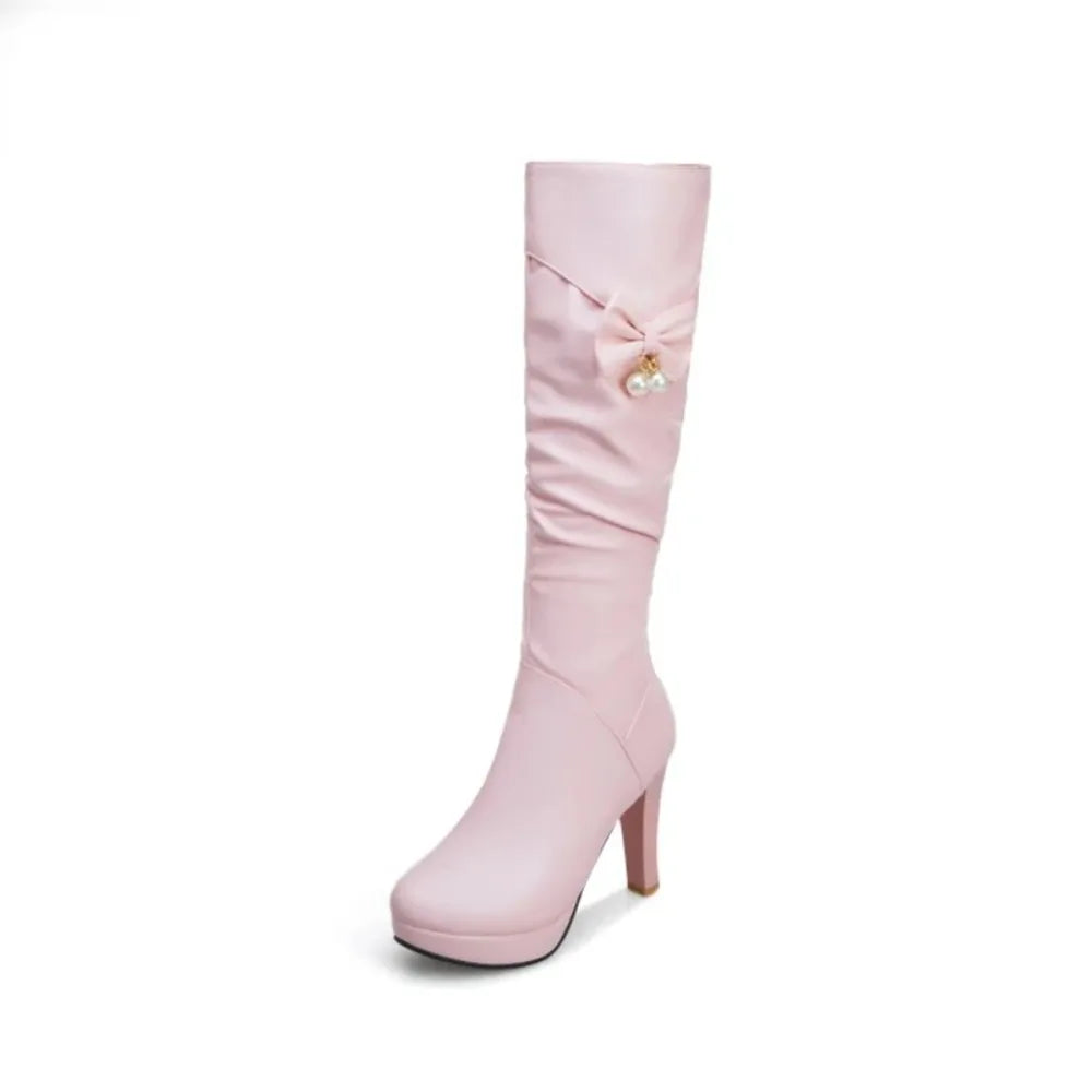Platform Boots 2020 Female Knee High Boots Women Leather Comfortable Autumn Winter  High Heel Long Boots PLus Size32-43 A50-16