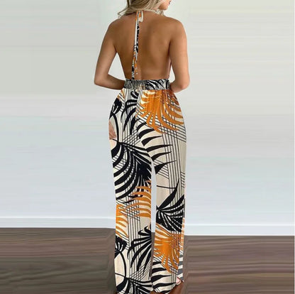 New Summer Sleeveless Halter Jumpsuits for Women Backless Print Lace-up Wide-leg Women Jumpsuit Rompers Womens Jumpsuit