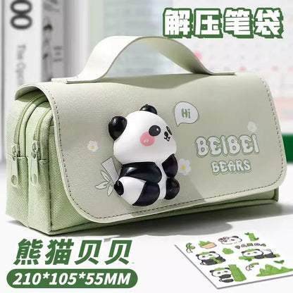 Green Panda Pencil Bag Large Capacity Stationery Pen Case Bear Dog Cat Handle Storage School Supplies Gift Box PU Ruler Holder A