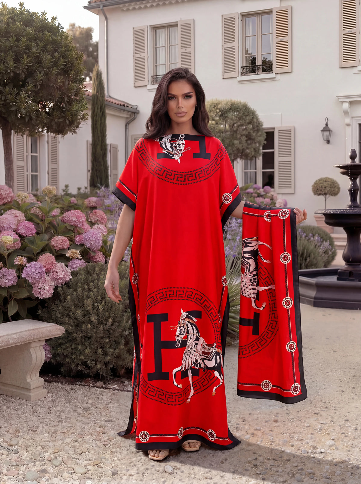 Luxury Horse Letter Print Satin Abaya Scarf Set, Loose Batwing Maxi Kaftan for Muslim Women Summer Beach Holiday Wear