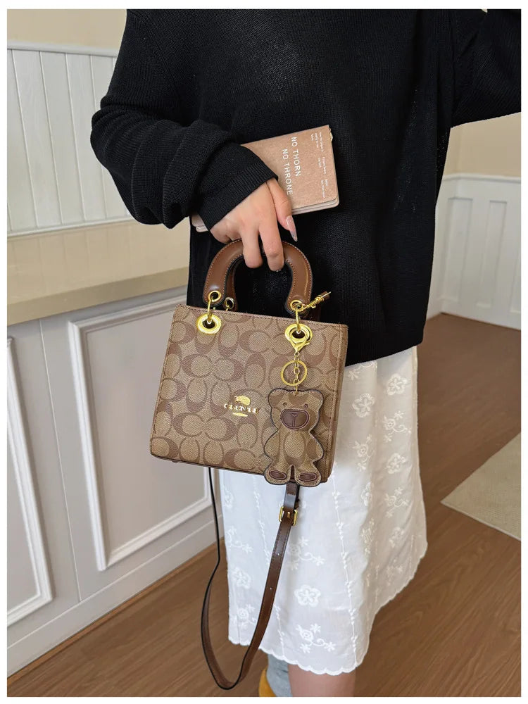 Luxury Women Bag 2026 New Vintage Classic Monogram Handbag Fashion Designer Ladies Tote Crossbody Bag with Bear Charm