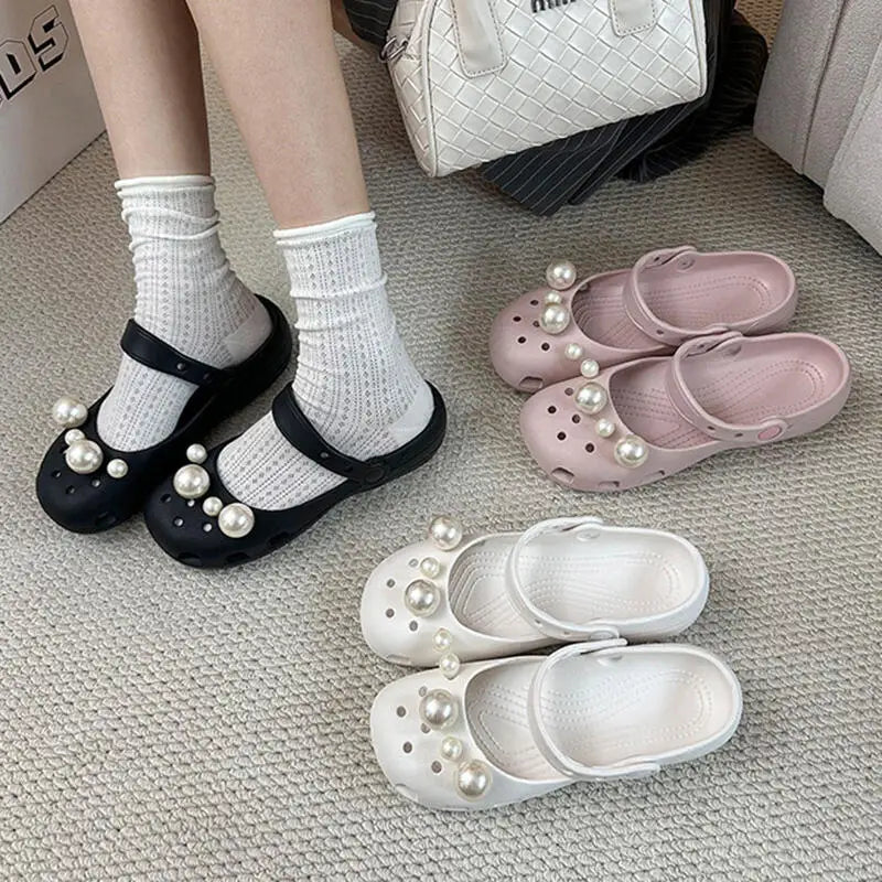Luxury Pearl Shoes Charms Set DIY Ballet Clogs Women Summer 2026 Fashion Leopard Print EVA Beach Slippers Woman's Jelly Shoes
