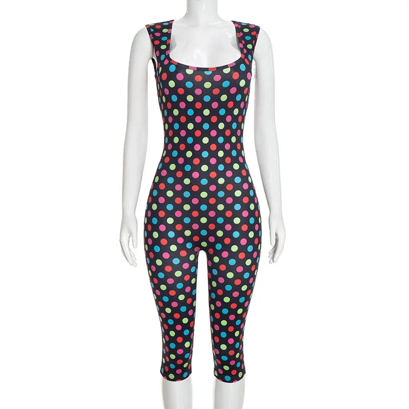 FLARORA Trendy Polka Dot Print Jumpsuit Woman Sexy Square Collar Sleeveless Backless Skinny Peach Hip Romper Hottie Streetwear