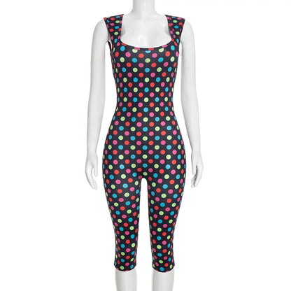 FLARORA Trendy Polka Dot Print Jumpsuit Woman Sexy Square Collar Sleeveless Backless Skinny Peach Hip Romper Hottie Streetwear
