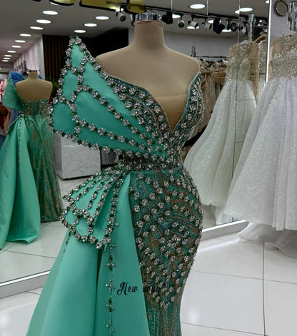 Teal Green Single Shoulder Prom Dresses Full Diamonds Mermaid Wedding Guest Gowns Bride Dresses Customized свадебное платье 2026