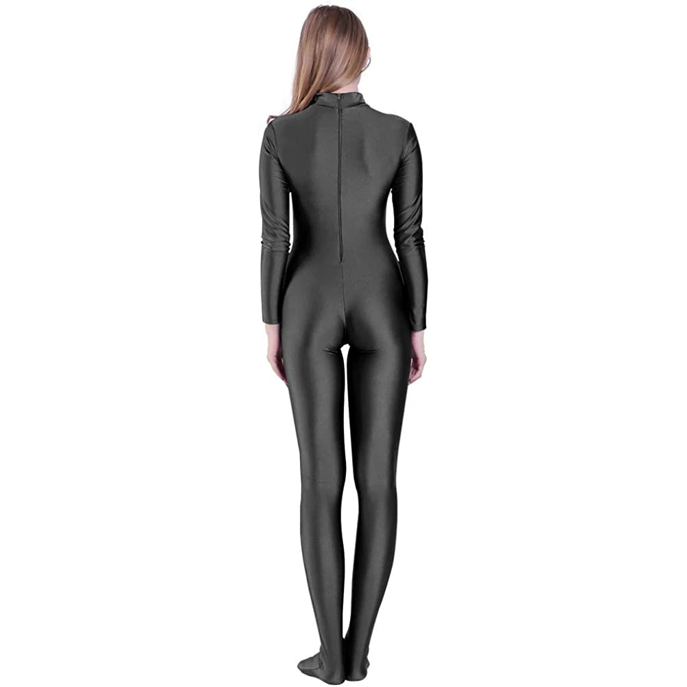 Speerise Womens Long Sleeve Zip Back Yoga Unitard Turtleneck Bodysuit Mens Full Body Dancewear Without Gloves Adult Black Suit