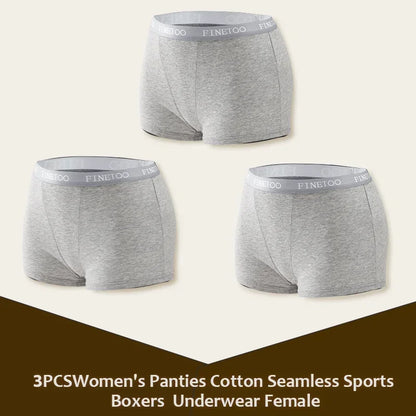 3Pcs Women's Cotton Boxers Panties Seamless Sports Underwear Female Solid Color Briefs Lingerie Intimate Underpant Finetoo S-XXL