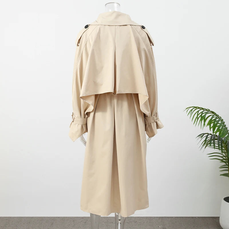 Women Khaki Long Color-block Stripe Trench Coat Wide Lapel Loose Drop Shoulder Blue Lining Slit Windbreaker Commute Outing Coats