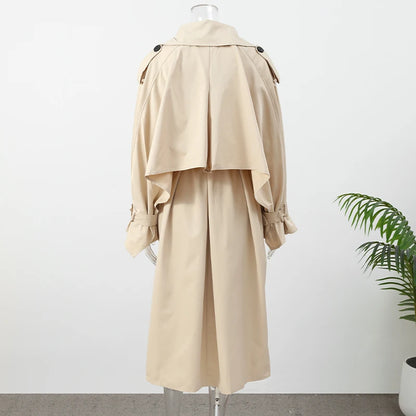 Women Khaki Long Color-block Stripe Trench Coat Wide Lapel Loose Drop Shoulder Blue Lining Slit Windbreaker Commute Outing Coats