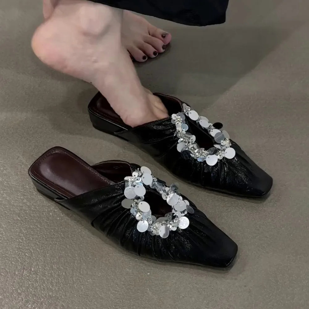 Women Mules Shoes Bling Flats Square Toe Slippers Elegant New 2025 Summer Sandals Dress Party Luxury Woman Slingback Shoes Mujer