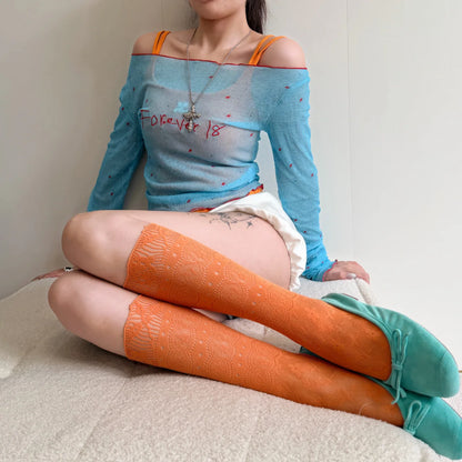 Summer Y2K Dopamine Colorful Lace Fishnet Socks Lacy Sexy Sweet Hot Girl Calf Socks Skirts Shorts Daily Over The Knee Stockings