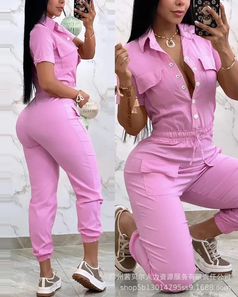 Short Sleeve Pocket Design Cuffed Cargo Jumpsuit Women Summer Solid Color Playsuits Jumpsuits Pants High Waist