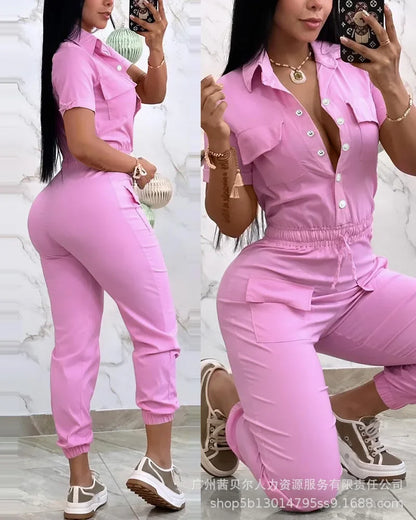 Short Sleeve Pocket Design Cuffed Cargo Jumpsuit Women Summer Solid Color Playsuits Jumpsuits Pants High Waist