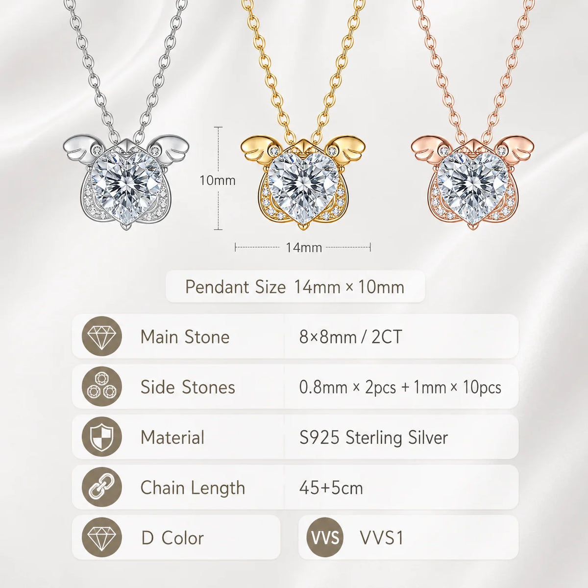 Moissanite Necklace 2CT Heart Stone S925 Sterling Silver Wing Pendant 45+5cm Chain for Women GRA Certified Moissanite