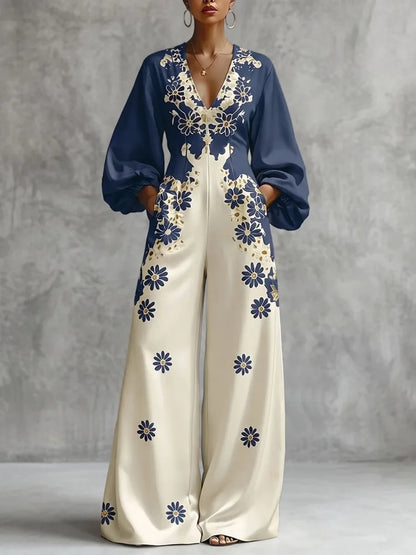 Yeezzi Women's Elegant Floral Printed Jumpsuit V-Neck Puff Long Sleeves Loose Wide Leg Jumpsuits Party Evening Long Pants Romper