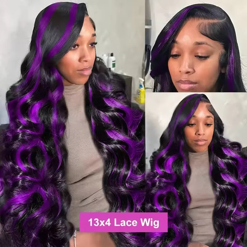220% Density Ombre Purple Highlight Body Wave 13x6 HD Lace Front Wig Human Hair Waves Dark Purple 13x4 Lace Frontal Wigs For Women