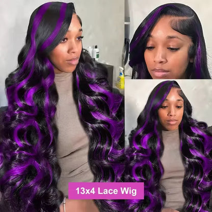 220% Density Ombre Purple Highlight Body Wave 13x6 HD Lace Front Wig Human Hair Waves Dark Purple 13x4 Lace Frontal Wigs For Women