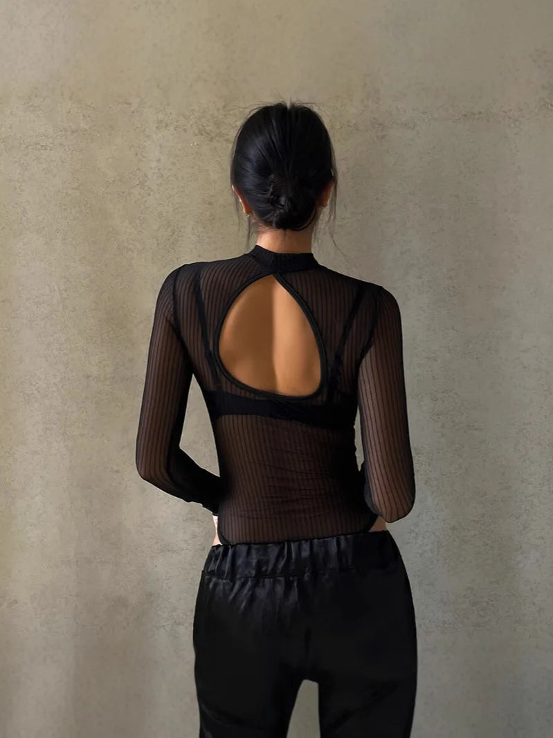 2026 New Arrival Y2K Black Sexy Spicy Girl Style Backless Cutout Lightly Mature Elegance Striped Mesh Sheer Sensual Long Sleeve