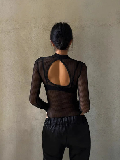 2026 New Arrival Y2K Black Sexy Spicy Girl Style Backless Cutout Lightly Mature Elegance Striped Mesh Sheer Sensual Long Sleeve