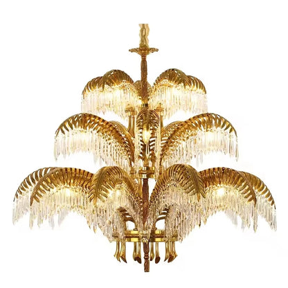 Hand Carving Gold Brass Hanging Pendant Lights Villa Living Room Luxury Crystal Palm Chandelier