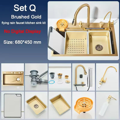 Stainless Steel Kitchen Sink with Faucet Digital Display Large Single Bowl Waterfall Rain 5 Functions System Dish Basin Sink