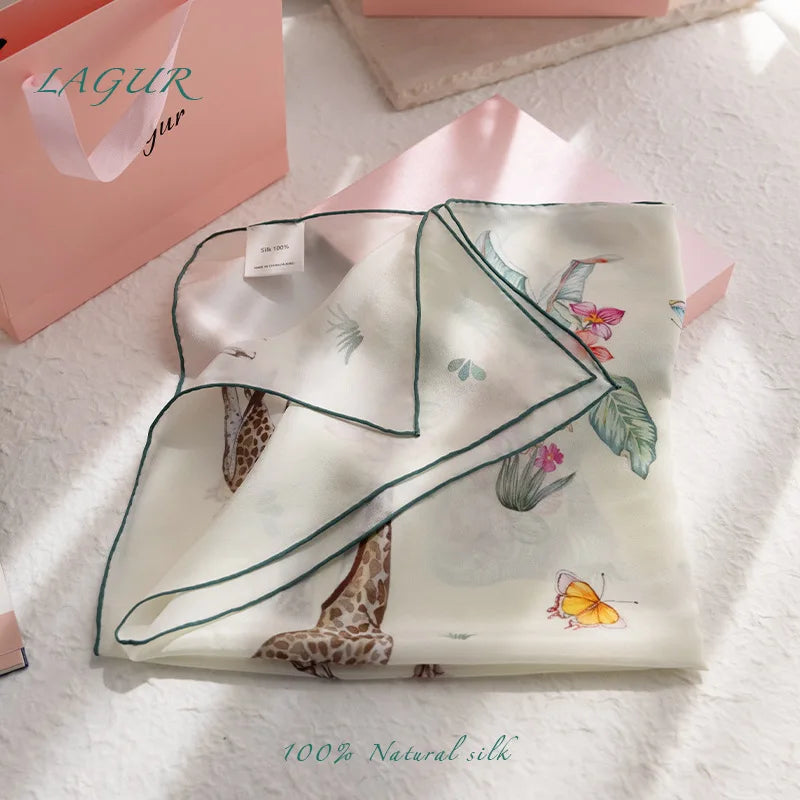 100% Mulberry Silk Square Scarf Women Animal Print Neck Scarf Soft Lightweight Neckerchief For Daily Office And Vacation Use