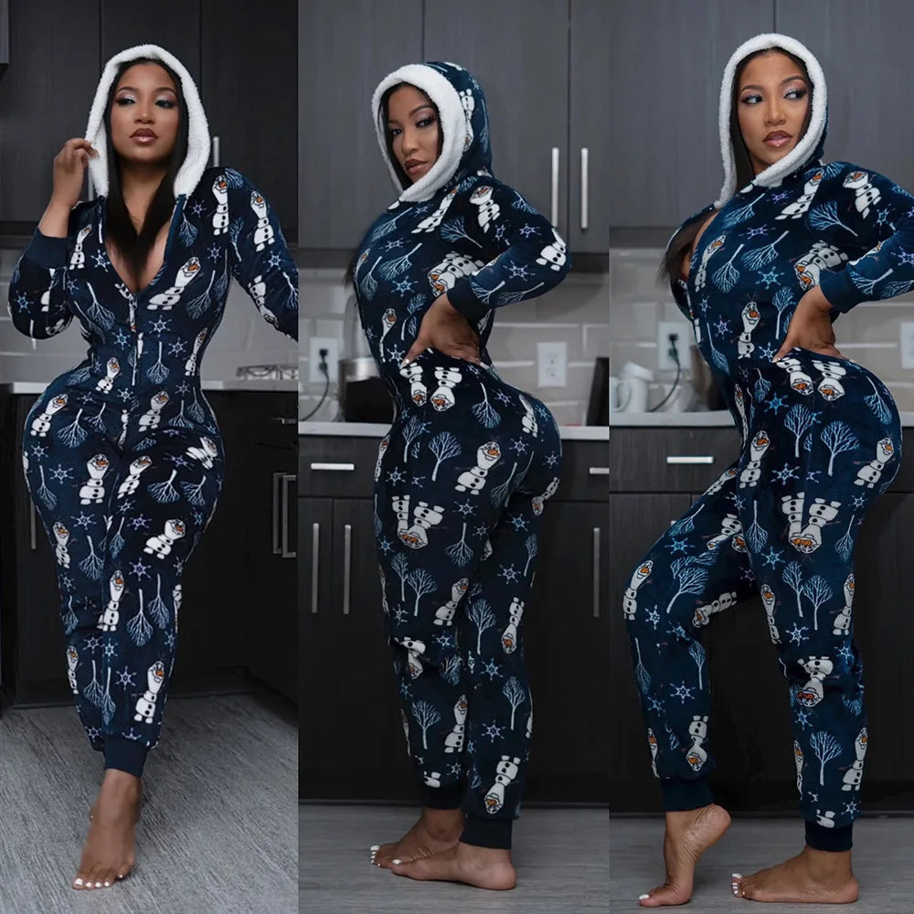 2024 Autumn Fashion Christmas New Women's jumpsuit Loose Elastic Elegant Stripe Fun Zipper Christmas Home Hoodie jumpsuit