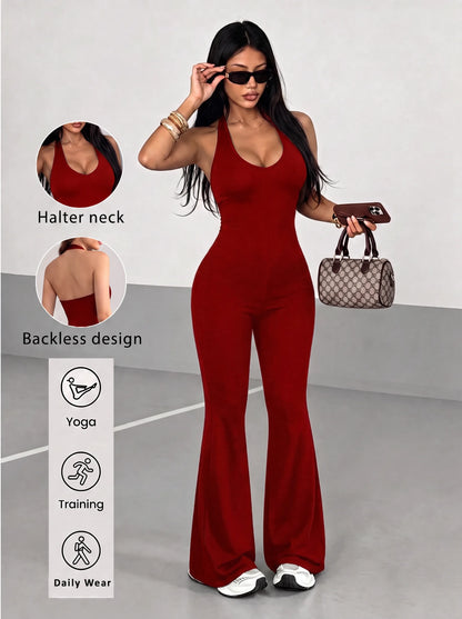 Women Halter Backless Jumpsuit Flare Leg Yoga Jumpsuit Sleeveless Bodycon Fitness One Piece Outfit Gym Training Daily Sportswear