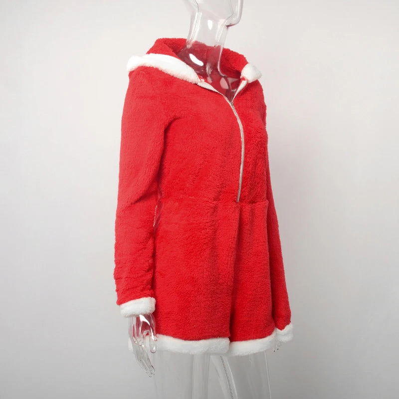 Plush Color Patchwork Xmas Women's Sexy Hooded Playsuits Loose Fitting Front Zip High-waist Home Casual Comfort Romper Sleepwear