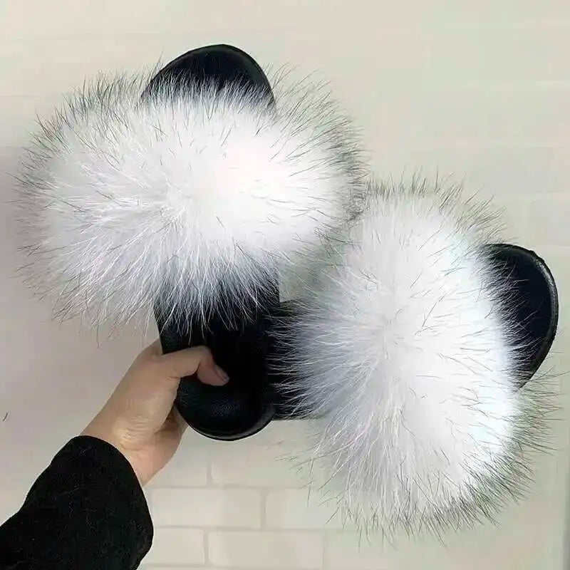 Real Raccoon Fur Slippers For Women 2026 Summer Fluffy Indoor House Fuzzy Flat Slides Outdoor Fashion Beach Sandals Flip Flops