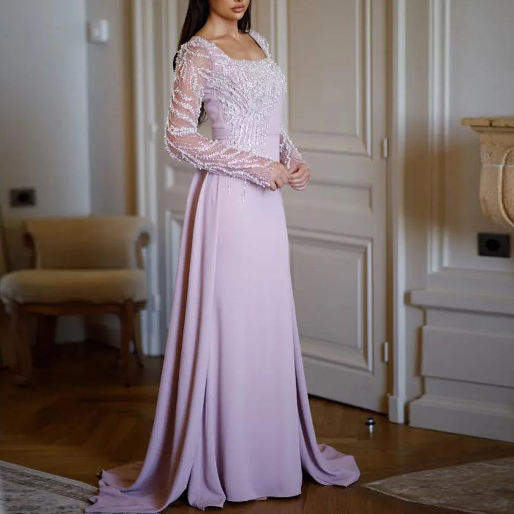 Customized Moest Square Neck Evening Dresses with Beaded Long Sleeve Mermaid Formal Gown with Detachable Train Satin Robe de