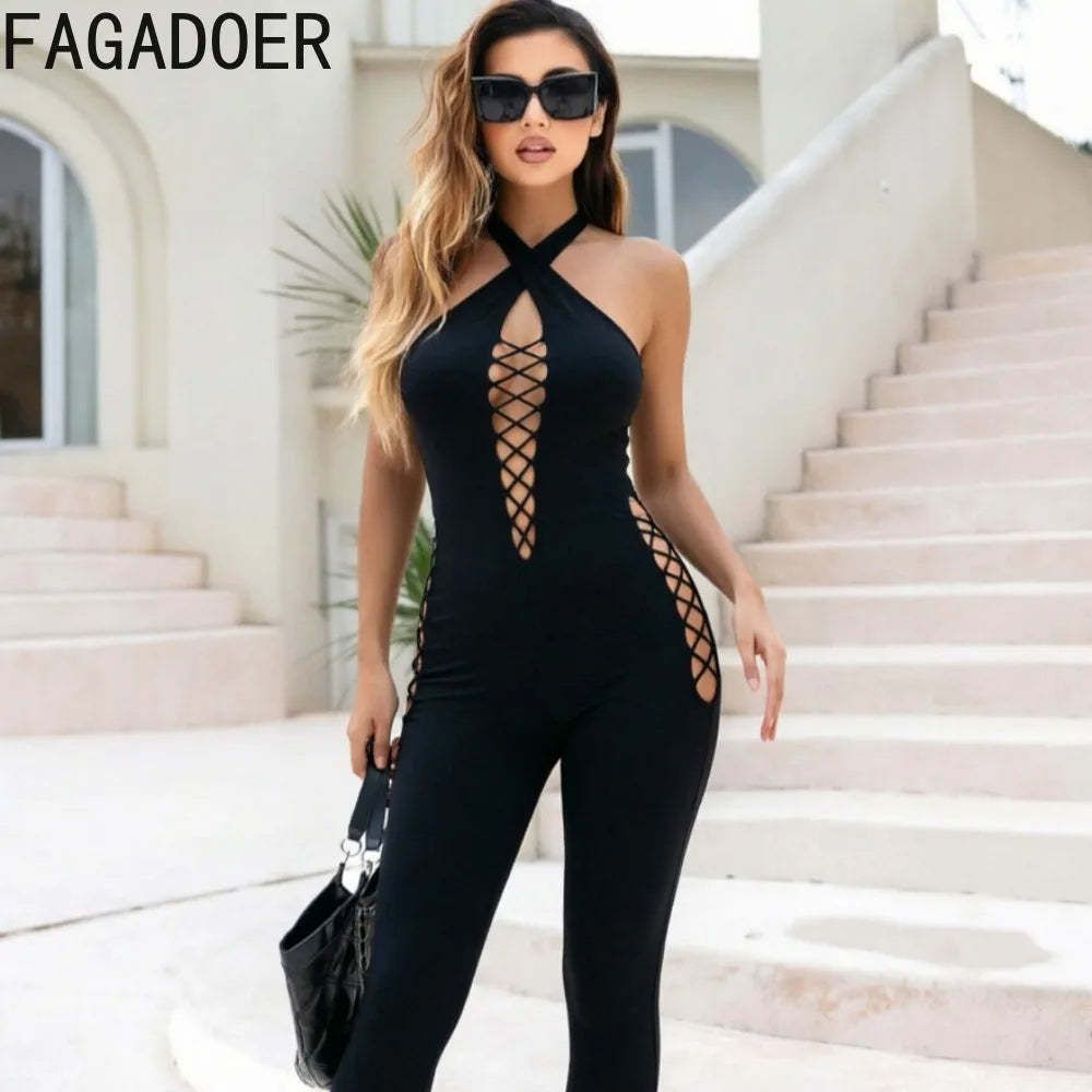 FAGADOER Sexy Black Hollow Out Jumpsuits Fashion Off Shoulder Halter Side Cross Lace-Up Cutout Bodycon Rompers Night Club Wear